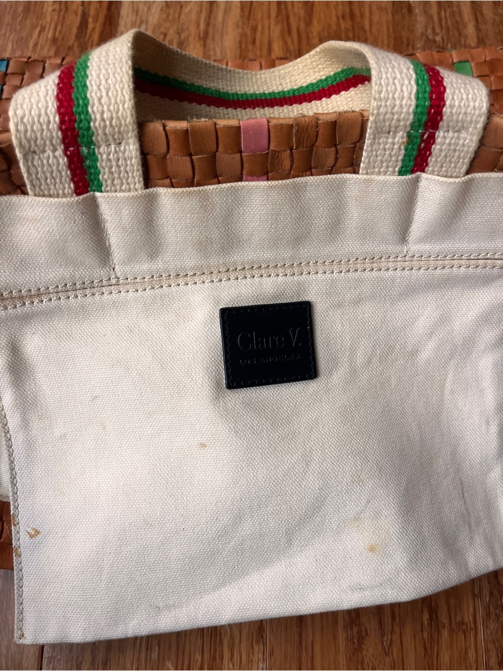 Clare V Woven Bateau Tote Natural with Pink, Blue, Green Accents - Picture 13 of 16